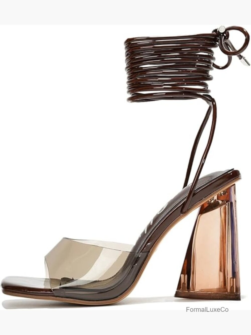 Clear Strappy Lace Up Square Toe Heeled Sandals Prom Wedding Shoes